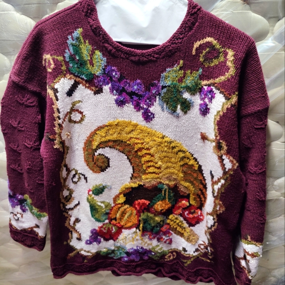 Vintage Marisa Christina Knitted by Hand Cornucopia Thanksgiving Sweater L